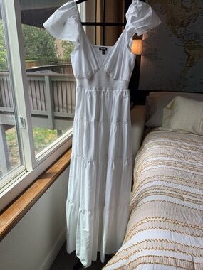 Express White Puff-Sleeve Smocked Maxi Dress